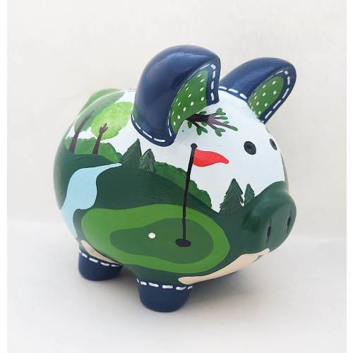 Golfing themed Personalized Piggy Bank in green, navy and red | Golf course, golf cart clubs ball