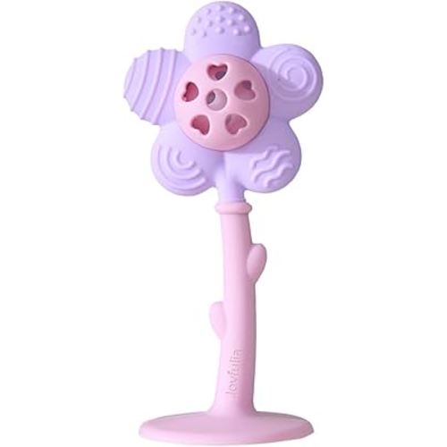 Baby Teething Toys 3-6 Months, Teether and Sensory Rattle for Babies 0-6 Months, Food Grade Silicone Teethers 6-12 Months, Infant Teething Relief Chew Toys, Sunnyflower Teether Toy BPA Free - Purple