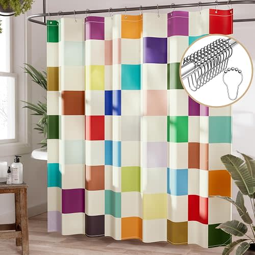 AmazerBath Colorful Checkered Shower Curtain, 72x72 Washable Cloth Modern Geometric Shower Curtains for Bathroom, Fabric Cute Kids Shower Curtain Set & 12 Hooks, Rustic RV Camper Dorm Shower Curtain
