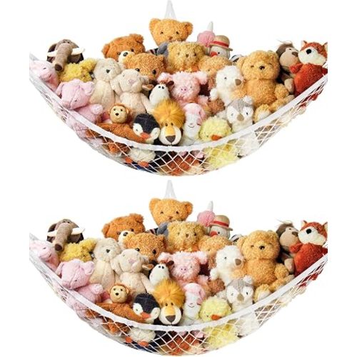 Stuffed Animal Storage Hammock Net Corner - Large Toy Hammock Net for Stuffed Animals Room Decor - Cute Stuff Animal Organizer Holder for Plush Plushie - Kids Baby Nursery Wall Bedroom Home Decor