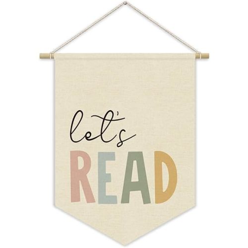 Reading Corner Decor, Let's Read Sign Kids Room Wall Canvas Banner, Library Boho Classroom Bookshelf Hanging Pennant Flag, 15x11in