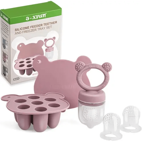 Silicone Baby Fruit Food Feeder & Mini Freezer Nibble Tray, Breastmilk Popsicle Molds for Baby Teething Relief, BPA Free Silicone Teething Toys Feeder for Safe Infant Self Feeding, Extra Food Pouches