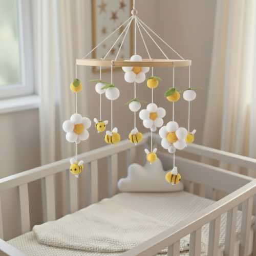 Lemon and Bee Baby Mobile, Nursery Decor, Felt Crib Mobile, Bumblebee Flower Mobile, Neutral Baby Shower Gift, Newborn Gift