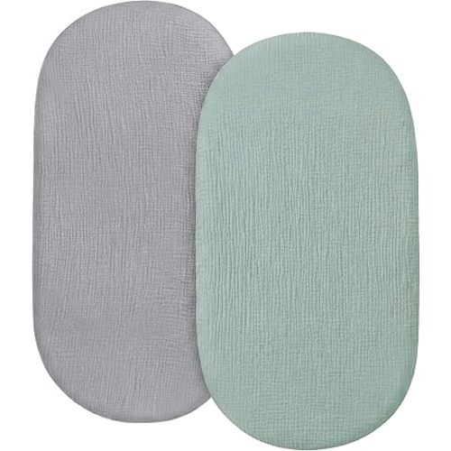 Pro Goleem Muslin Bassinet Sheet for Boys and Girls, Soft Breathable Fitted Cotton Baby Sheets Set for Oval Hourglass and Rectangular Bassinet Mattress, Neutral, 2 Pack (Grey＆Green)