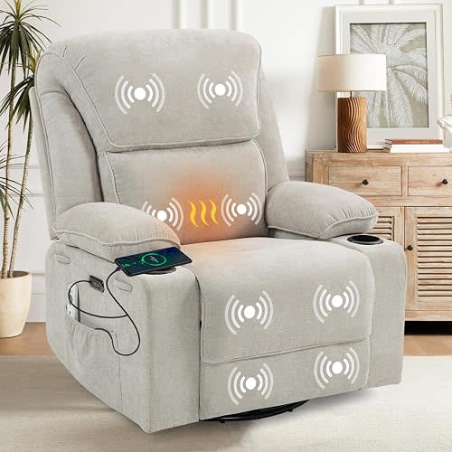 Recliner Chair Power Control, Nursery Reclining & Rocking Chair and Glider, Massage Swivel Living Room Furniture for Small Spaces, Bedroom, RVS, Lounge Sofa Chairs with USB & Type C Ports (Linen Gray)