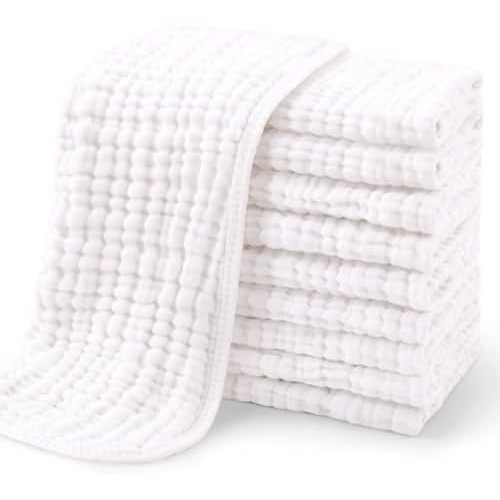 Yoofoss Muslin Burp Cloths for Baby 10 Pack 100% Organic Cotton Baby Washcloths for Boys Girls Large 20''X10'' Super Soft and Absorbent White