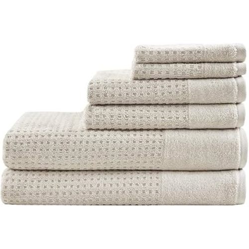 Madison Park Spa Waffle 100% Cotton Luxurious Towel Set, Premium Texture Waffle Weave, Highly Absorbent, Quick Dry, Hotel & Spa Quality Wash Clothes for Bathroom, Assorted Sizes, Natural 6 Piece