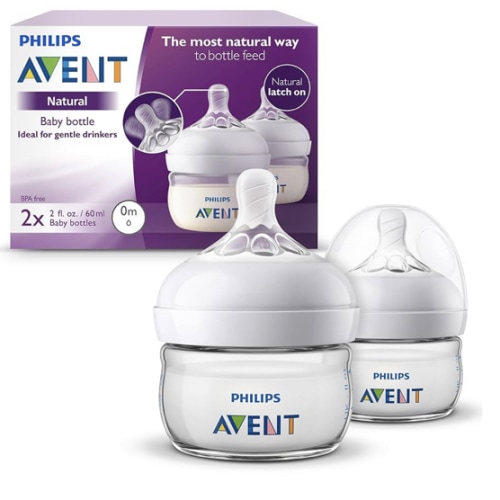 Philips Avent Natural Baby Bottles, with First Flow Nipple, 2OZ/60ML, 2 Pack, SCF019/25