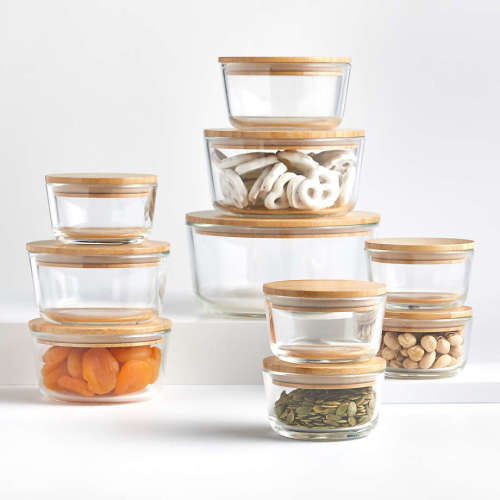 Crate & Barrel 20-Piece Round Glass Food Storage Set with Bamboo Lids