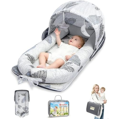 Baby Lounger, Portable Foldable Travel Lounger for Newborn 0-12 Month, Washable Lightweight Infant Nest with Canopy, Soft Breathable Baby Nest with Adorable Pattern, Home & Outdoor Use