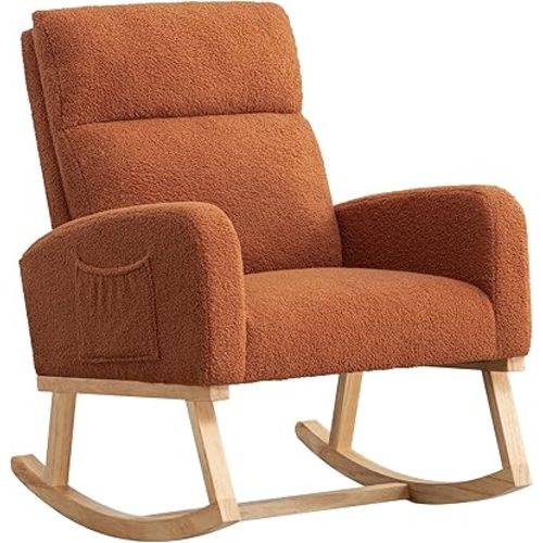 Rocking Chair Nursery, Upholstered Nursing Rocker Chair for Mom with High Backrest and Side Pockets for Bedroom Living Room, Beige