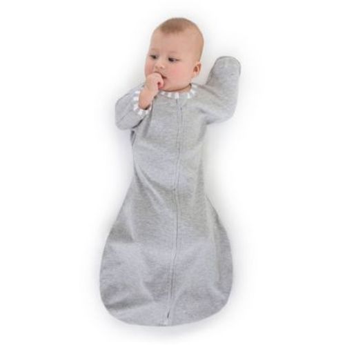 Transitional Swaddle Sack with Arms Up Half-Length Sleeves and Mitten Cuffs Wearable Blanket - Heathered Gray with Stripe Trim 0-3 Months
