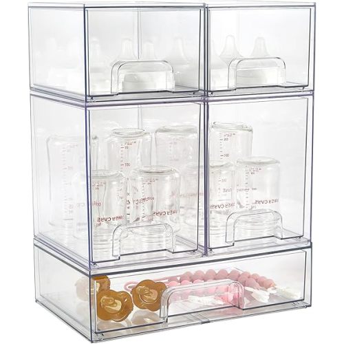 Baby Bottle Organizer, 5 Pack Clear Space-Saving Stackable Drawer with Handle, Baby Bottle Storage Organizer for Countertop and Cabinet