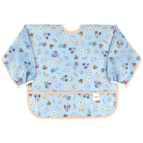 Bumkins Disney Sleeved Bib for Girl or Boy, Baby and Toddler for 6-24 Mos, Essential Must Have for Eating, Feeding, Baby Led Weaning Supplies, Long Sleeve Mess Saving Food Catcher, Mickey and Minnie