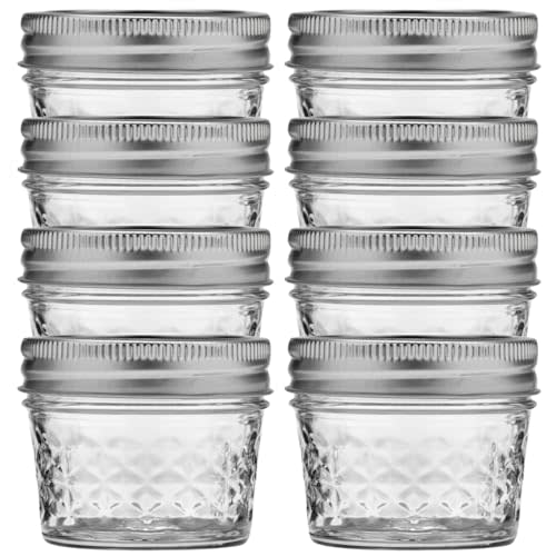 Ball Wide Mouth Quilted Crystal Jelly Jars with Lids and Bands, Used for Canning, Pickling, Juice, Jam, Jelly, Quarter Pint Size (4 Ounce (Pack of 8))