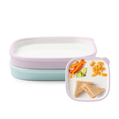 Ello Clean Start Ceramic Toddler Plates with Sleeves, 2 Pack, Dewdrop | Porcelain Toddler Tableware For Meals And Snacks With Silicone Sleeves, Microwave Safe, Dishwasher Safe, And BPA-Free