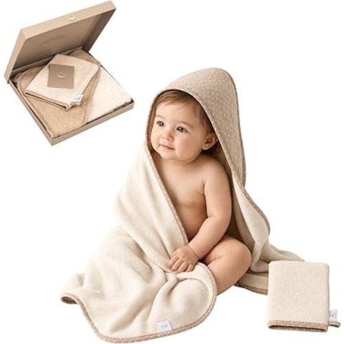 Hooded Baby Bath Towel & Wash Mitt Gift Set, 100% GOTS Organic Cotton