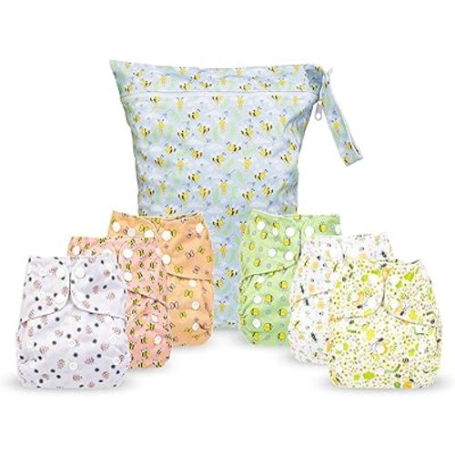 Simple Being Reusable Cloth Diapers, Double Gusset, One Size Adjustable, Washable Soft Absorbent, Waterproof Cover, Eco-Friendly Unisex Baby Girl Boy, six 4-Layers Microfiber Inserts (Bugs)