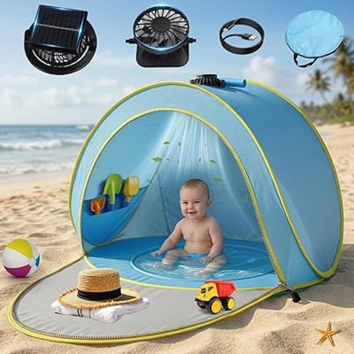 Baby Pop Up Tent with Integrated Solar Cooling Fan | Anti-UV Baby Tent for Beach with UPF 50 UV Protection | Baby Beach Pool | Portable Travel Sun Shade for Baby | Pop Up Pool