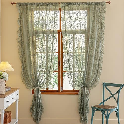 TUDECO Sage Green Sheer Curtains 96 Inches Long - French Flower Lace Semi Sheer Curtains for Dinding Room, Fancy Knitted Scalloped Ruffle Edegs Privacy Spring Sunmmer Green Decor, 59 x 96 Inch
