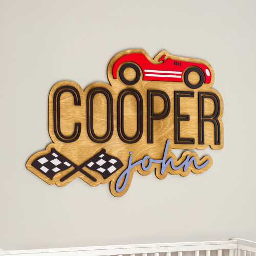Race Car Nursery Name Sign, 3D Wooden Wall Decor