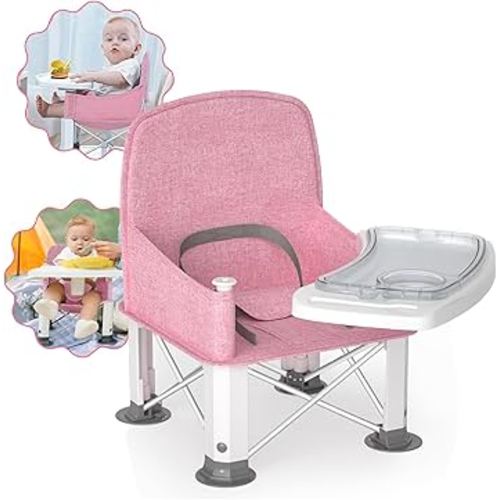 Baby Travel Booster Seat with Double Tray, BabyBond Upgraded Toddler Portable Baby Chair, Booster Seat for Dining Table, Stable and Foldable Booster Baby Chair for Indoor/Outdoor (Pink)