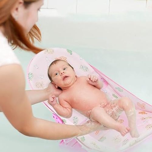 Baby Bath Seat 3 -in- 1 Foldable Sitting or Lying Baby Bath Support Anti-Slip with Adjustable 3 Reclining Positions Bath Lounger for Newborn Use in The Bathtub or Sink (Pink, 60cm*33cm*35cm)