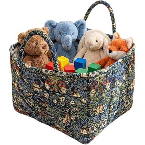 Quilted Fabric Basket Foldable Car Storage Boho Floral Laundry Basket Hamper for Nursery Bedroom & Living Room | Organize Clothes Toys