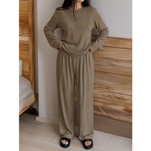 Amazon.com: Women 2 Piece Loungewear Set Long Sleeve Crewneck Top and Wide-Leg Pants Relaxed Fit Outfit for Home Fall Clothes (Khaki, XL) : Clothing, Shoes & Jewelry