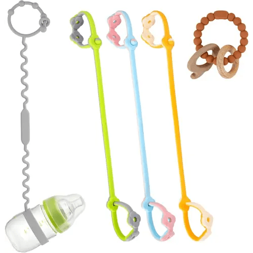 Toy Straps for Baby 5 Pieces, The Baby Wey Silicone Toy Safety Strap for Stroller and High Chair, 3 Adjustable Straps for Toys, Teething Ring and Bottle Strap, Dishwasher Safe, Food-Grade Silicone