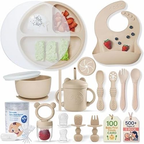 Remonda 23-Piece BPA-Free Silicone Baby Feeding Set | Extra Large Suction Plates, Toddler Bowls, Self Feeding Spoons, and More | Dishwasher Safe| Baby Led Weaning Supplies (Beige)