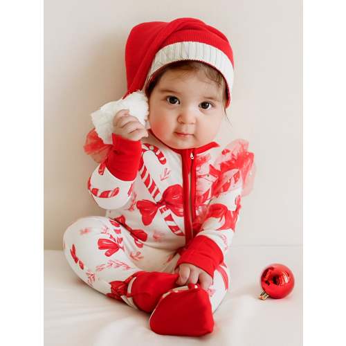 Before & Ever Newborn Double Zip Onesie - Christmas Bow Baby Girl Clothes for Newborn - Red/White