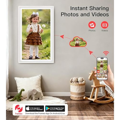 BIGASUO Digital Picture Frame 15.6" Frameo 64GB Large WiFi Electronic Photo Frames 1920 x 1080 IPS FHD Touch Screen Share Moments Instantly Anywhere Best Gifts for Parents and Grandparents White