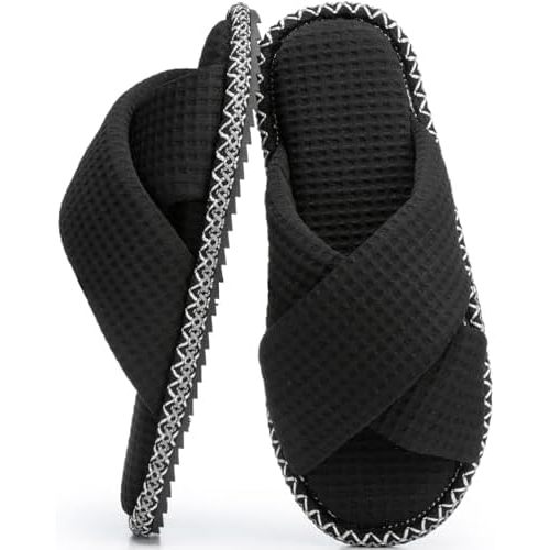 GOEWY Slippers for Women Memory Foam House Bedroom Corduroy Crossbands Open Toe Slides Sandals Shoes Comfy Trendy Gift for womens Anti-Skid sole