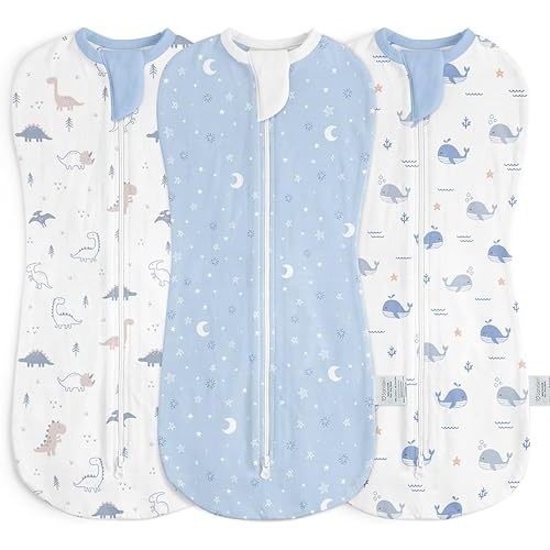 Baby Swaddle 0-2 Months, Cotton Arm-In Zipper Sleep Sack, Wearable Blankets Wrap for Newborn Infant Boys (Dinosaur, Star Moon, Whale, Pack of 3)