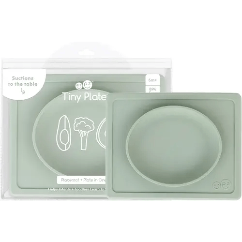 ezpz Tiny Plate (Sage) - 6 Months+ - 100% Silicone Suction Placemat + Plate for Infants - Fits on Most Highchair Trays - Baby Led Weaning Supplies