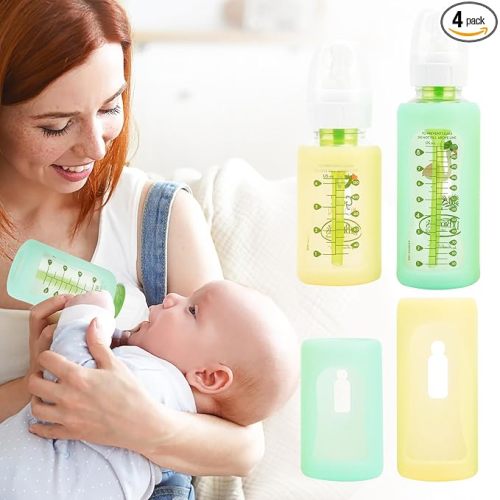 4PCS Silicone Baby Bottle Sleeves for Dr. Brown Bottles 4oz 8oz, Silicone Bottle Covers Replacement for Dr. Brown Glass Bottles, Narrow Sleeve with a Cutout, Dishwasher/Freezer/Microwave Safe