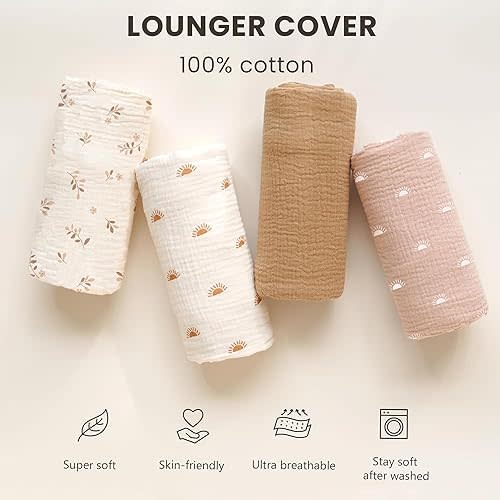 Konssy Muslin Baby Lounger Cover 2 Pack, 100% Cotton Newborn Lounger Cover, Soft and Breathable Baby Nest Slipcover for Boys Girls (Pink Sun,Khaki Leaf)