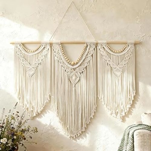 Tempospark Large Macrame Wall Hanging, 43" Wx32 L Boho Wall Hangings for Living Room Bedroom Nursery, Boho Chic Large Macrame Tapestry for Bedroom Wall Decor (Wood bead)