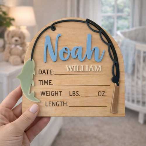 Personalized Baby Name Sign with Birth Stats | Fishing Theme Wooden Baby Plaque | Custom Newborn Keepsake | Nursery Decor Boy Gift