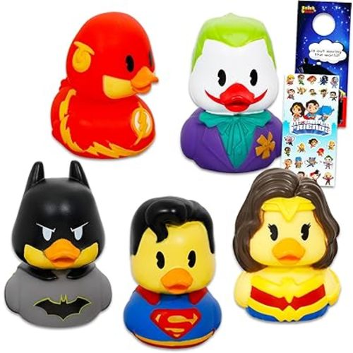 Justice League Duckaloos Collection Set - Bundle with 5 Rubber Duck Mini Figures for Kids, Adults Featuring Superman, Joker, Flash, Wonder Woman, Batman Plus Stickers, More | Collectible Duckalooz