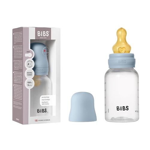BIBS Plastic Baby Bottle, 150 ml, 1-Pack, Baby Blue | Anti-Colic | Natural Rubber Latex Nipple | Slow Flow | BPA-Free Plastic | Breastfeeding Support | Made in Denmark