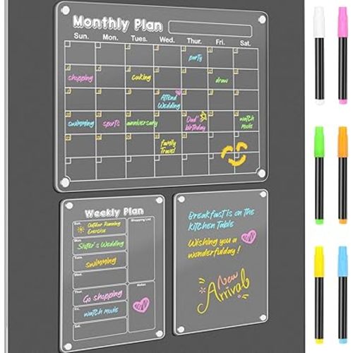 DIYMAG Planning Pads 3Pack Acrylic Magnetic Dry Erase board for Fridge,15"x11" Set Magnetics Weekly Monthly Wall Planners Board for Refrigerator with 6 Colors Markers