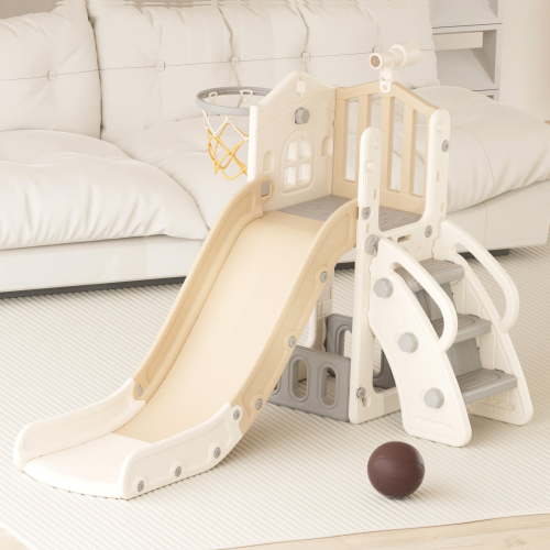 XJD 5-in-1 Toddler Playset, Coffee Plastic Slide with Basketball Hoop, Telescope, Indoor Outdoor Mini Playground