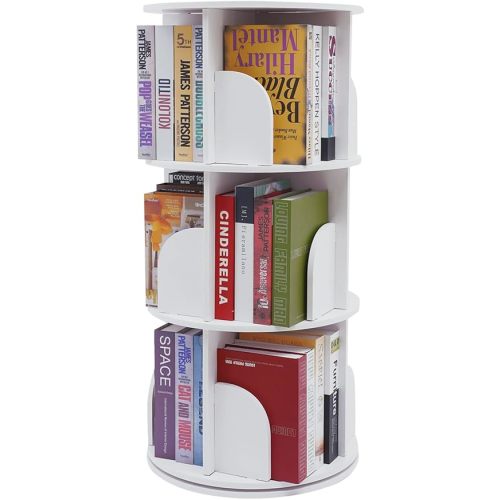 3-Tier Rotating Bookshelf,360 Display Revolving Bookcase,Stackable Book Organizer, Swivel Round Bookshelf, Book Shelf for Small Space, Bedroom,Study Room,Office (White, 3-Tier)