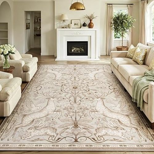 Lahome 8x10 Washable Area Rug for Living Room, Woodland Deer Boho Animal Rug, Vintage Botanical Beige Non-Slip Low Pile Large Carpet for Bedroom Dining Room Nursery Farmhouse Decor