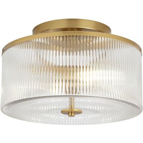 Possini Euro Design McKenzie 14" Modern 2-Light Semi Flush-Mount Ceiling Light Fixture Kitchen Foyer Hallway Drum Warm Brass Finish Ribbed Glass
