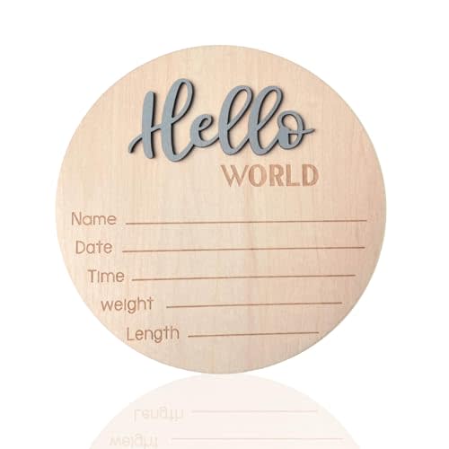 Baby Announcement Sign, ​5.9 Inch Wooden Hello World Newborn Signs, Birth Announcement Sign, Baby Shower Hospital Nursery for Newborn Boys and Girls (Gray)