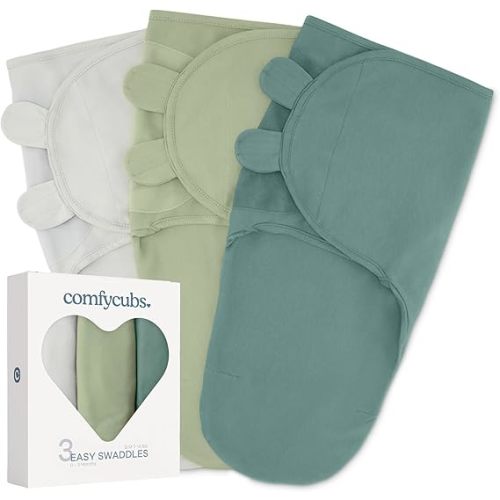 Comfy Cubs – Lot de 3 couvertures d’emmaillotement pour bébés, nouveaux nés, fille et garçon, faciles à régler (Taille S 0-3 mois, pierre, sauge, azur)
