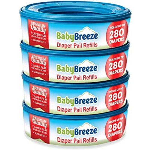 BabyBreeze Diaper Pail Refill Bags Compatible with Playtex Diaper Genie Pails Odor Absorbing Diaper Disposal Trash Bags - 1120 Count (4-Pack)